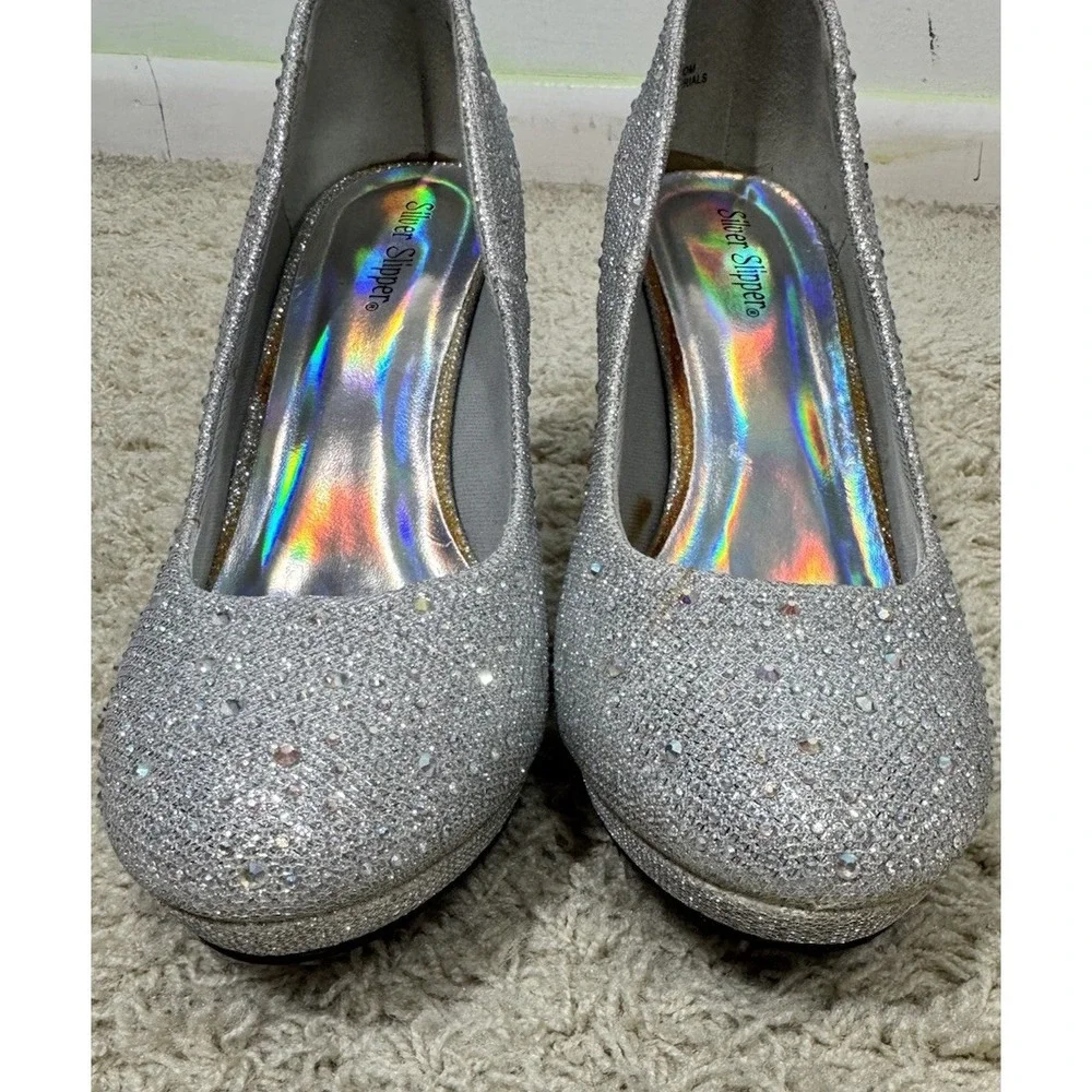 Silver Slipper Womens Romance Rhinestone Sparkle Pumps High Heel Shoes Size 7.5M